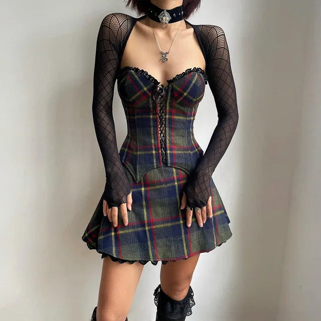 Y2K Fashion Hot Girl Mini Skirt Set: Sexy Mesh Crop Top & Lace-Up Plaid High Waist Skirt