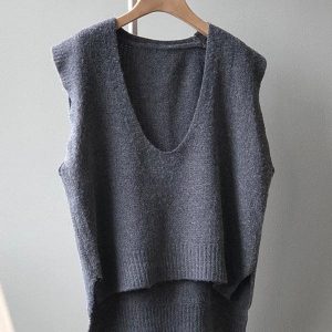 Y2K Fashion Irregular Solid V-Neck Vest - Trendy Coquette Aesthetic Knit Top