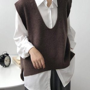 Y2K Fashion Irregular Solid V-Neck Vest - Trendy Coquette Aesthetic Knit Top