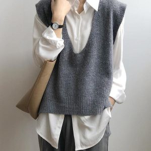 Y2K Fashion Irregular Solid V-Neck Vest - Trendy Coquette Aesthetic Knit Top