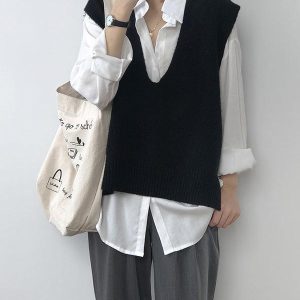 Y2K Fashion Irregular Solid V-Neck Vest - Trendy Coquette Aesthetic Knit Top