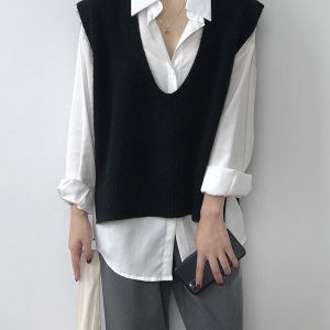 Y2K Fashion Irregular Solid V-Neck Vest - Trendy Coquette Aesthetic Knit Top