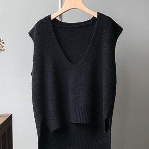 Y2K Fashion Irregular Solid V-Neck Vest - Trendy Coquette Aesthetic Knit Top