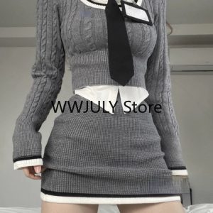 Y2K Fashion Knitted 3-Piece Set: Crop Top Sweater, Casual Shirt & Bodycon Mini Skirt