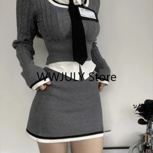 Y2K Fashion Knitted 3-Piece Set: Crop Top Sweater, Casual Shirt & Bodycon Mini Skirt