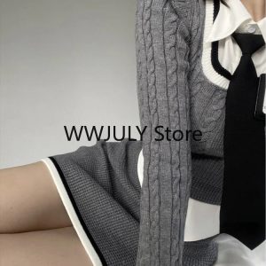 Y2K Fashion Knitted 3-Piece Set: Crop Top Sweater, Casual Shirt & Bodycon Mini Skirt