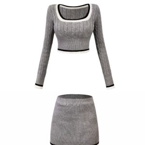 Y2K Fashion Knitted 3-Piece Set: Crop Top Sweater, Casual Shirt & Bodycon Mini Skirt