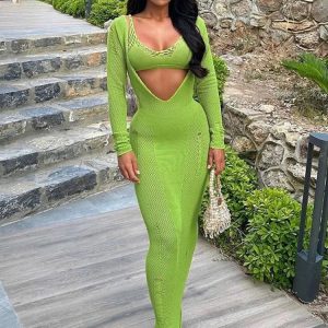 Y2K Fashion Knitted Crochet 2-Piece Set: Deep V-Neck Bra Crop Top & Maxi Dress Co-ords