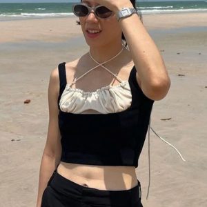 Y2K Fashion Knitted Ribbed Crop Top - Hollow Out Splicing Tank for Casual Beach Vibes