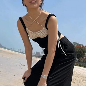 Y2K Fashion Knitted Ribbed Crop Top - Hollow Out Splicing Tank for Casual Beach Vibes