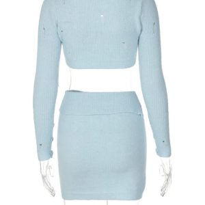 Y2K Fashion Knitted Side Slits Skirt Set with Slim Deep V Neck Crop Top - Sexy Bodycon Outfit