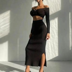 Y2K Fashion Knitted Skirt Set: Sexy Hollow Out Crop Top & High Waist Lace-Up Skirt