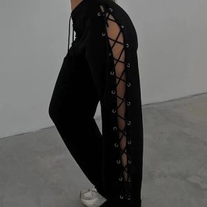 Y2K Fashion Knitted Slit Hollow Sweatpants for Women - High Waist Loose Casual Streetwear