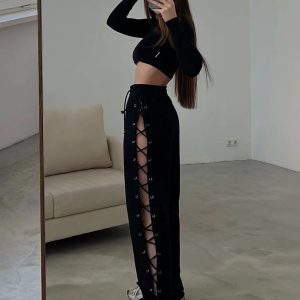 Y2K Fashion Knitted Slit Hollow Sweatpants for Women - High Waist Loose Casual Streetwear