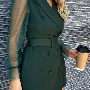 Y2K Fashion Mesh Sleeves Double-Breasted Belted Blazer Dress for Chic Aesthetic Outfits