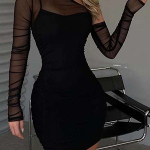 Y2K Fashion Mesh Slop Shoulder Bodycon Dress - Trendy Coquette Aesthetic Outfit