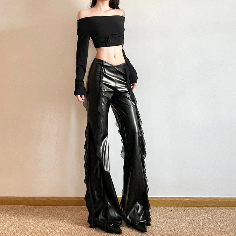 Y2K Fashion Mesh Splicing PU Flare Pants for Women - High Waist Slim Fit Black Trousers