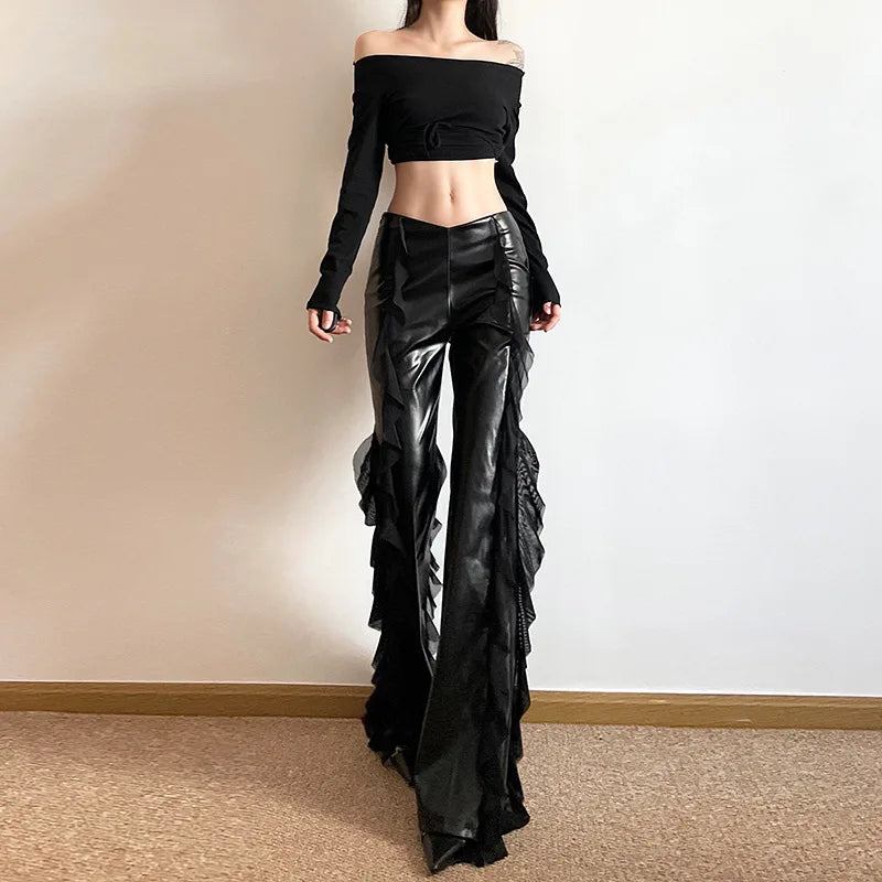 Y2K Fashion Mesh Splicing PU Flare Pants for Women - High Waist Slim Fit Black Trousers