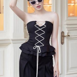 Y2K Fashion Nyomi Strapless Cross Tie Bandeau Top for Coquette Aesthetic Outfits