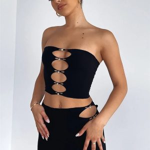 Y2K Fashion Off Shoulder Tube Top & High Waist Mini Skirt Set - Sexy Hollow Out 2 Piece Outfit