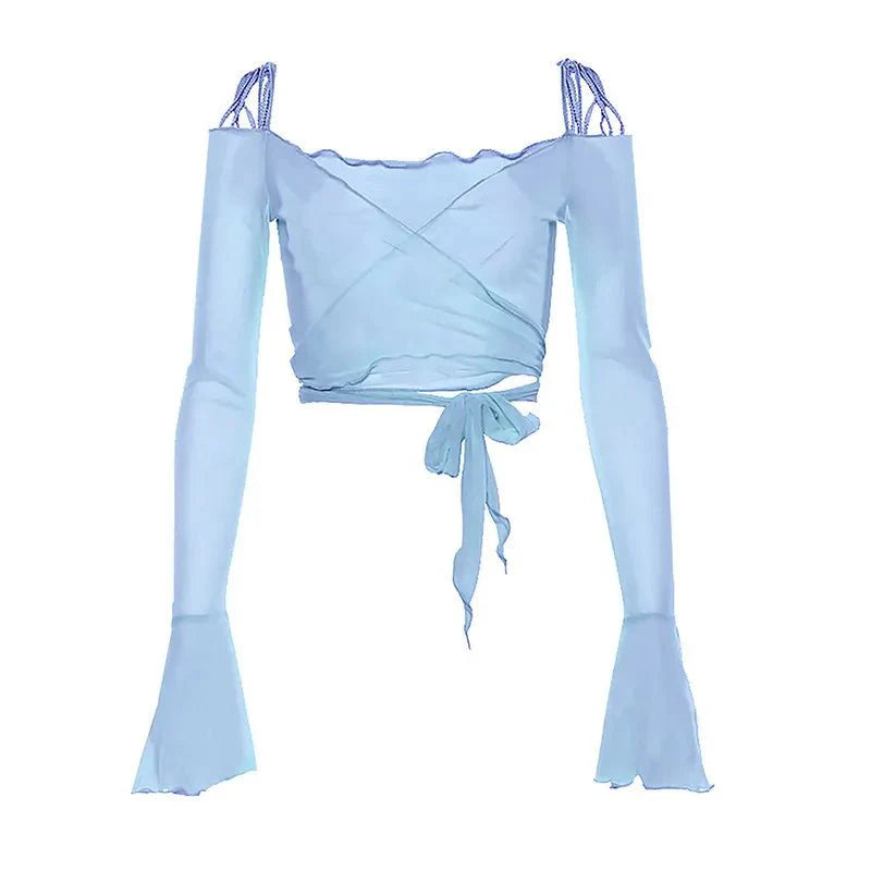 Y2K Fashion See-Through Mesh Lace-Up Crop Top for Trendy Summer Outfits and Aesthetic Looks