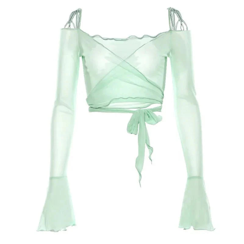 Y2K Fashion See-Through Mesh Lace-Up Crop Top for Trendy Summer Outfits and Aesthetic Looks