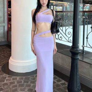 Y2K Fashion Sexy One Shoulder Crop Top & Midi Dress Set - Stylish Women’s Party Outfit