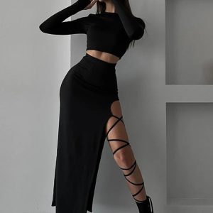 Y2K Fashion Side Slits Lace-Up Skirt Set with Bodycon Crop Top - High Waist Maxi 2 Piece Outfit