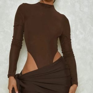 Y2K Fashion Solid Long Sleeve Turtleneck Bodysuit & Mini Bandage Ruched Skirt Set