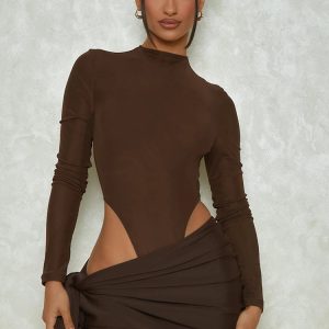 Y2K Fashion Solid Long Sleeve Turtleneck Bodysuit & Mini Bandage Ruched Skirt Set