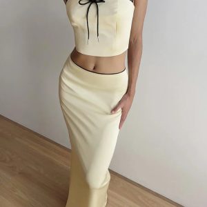 Y2K Fashion Spaghetti Strap Bow-Knot Camisole Tank Top & Maxi Skirt Set for Women