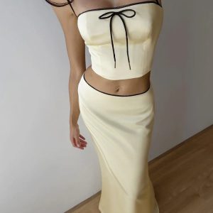 Y2K Fashion Spaghetti Strap Bow-Knot Camisole Tank Top & Maxi Skirt Set for Women