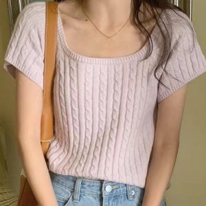 Y2K Fashion Square-Neck Braided Cropped Knit Top with Short Sleeves for Aesthetic Outfits