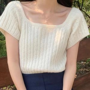 Y2K Fashion Square-Neck Braided Cropped Knit Top with Short Sleeves for Aesthetic Outfits