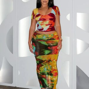 Y2K Fashion Tie Dye 2-Piece Set: Short Sleeve Crop Top & High Waist Bodycon Maxi Skirt