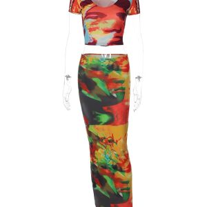 Y2K Fashion Tie Dye 2-Piece Set: Short Sleeve Crop Top & High Waist Bodycon Maxi Skirt