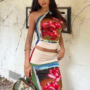 Y2K Fashion Tie Dye Crop Top & High Waist Bodycon Midi Skirt Matching Set for Club Nights