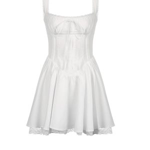 Y2K Fashion White Lace Stitching Strappy Ruched Cami Dress for Coquette Aesthetic