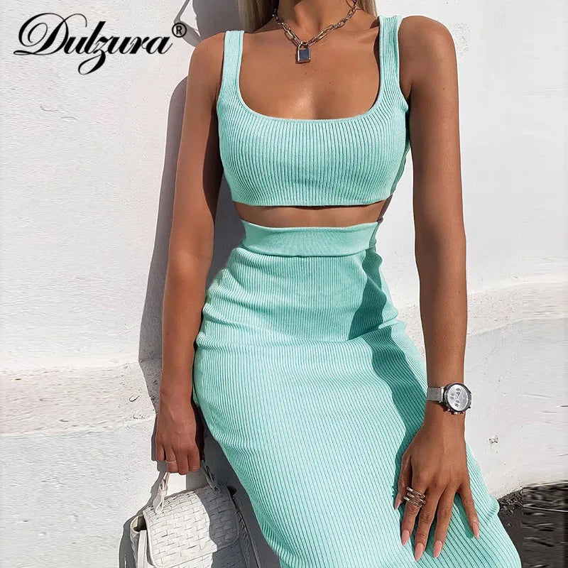 Y2K Fashion Women’s Ribbed Knit Two-Piece Set: Elegant Crop Tank & Long Skirt for Summer Festivals