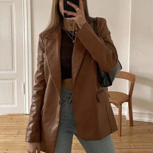 Y2K Faux Leather Blazer Jacket for Women - Stylish Motorcycle Coat for Autumn & Winter Casual Wear