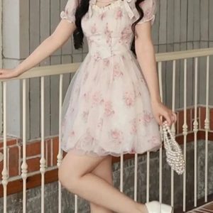 Y2K Floral Print A-Line Dress for Women - Kawaii High Waist Birthday Party & Summer Prom Dress