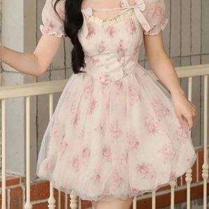 Y2K Floral Print A-Line Dress for Women - Kawaii High Waist Birthday Party & Summer Prom Dress