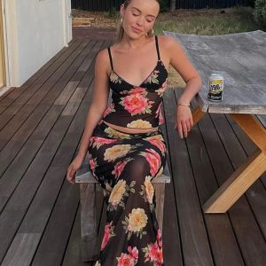 Y2K Floral Print Maxi Dress Set with Sexy Bra Top Camisole for Summer Club Vocation