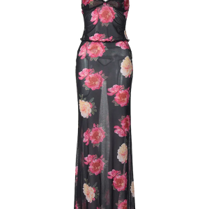 Y2K Floral Print Maxi Dress Set with Sexy Bra Top Camisole for Summer Club Vocation