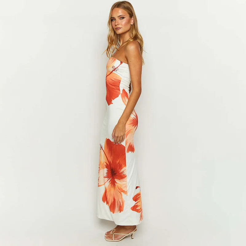 Y2K Floral Print Strapless Backless Bodycon Maxi Dress - Summer 2024 Streetwear Sundress