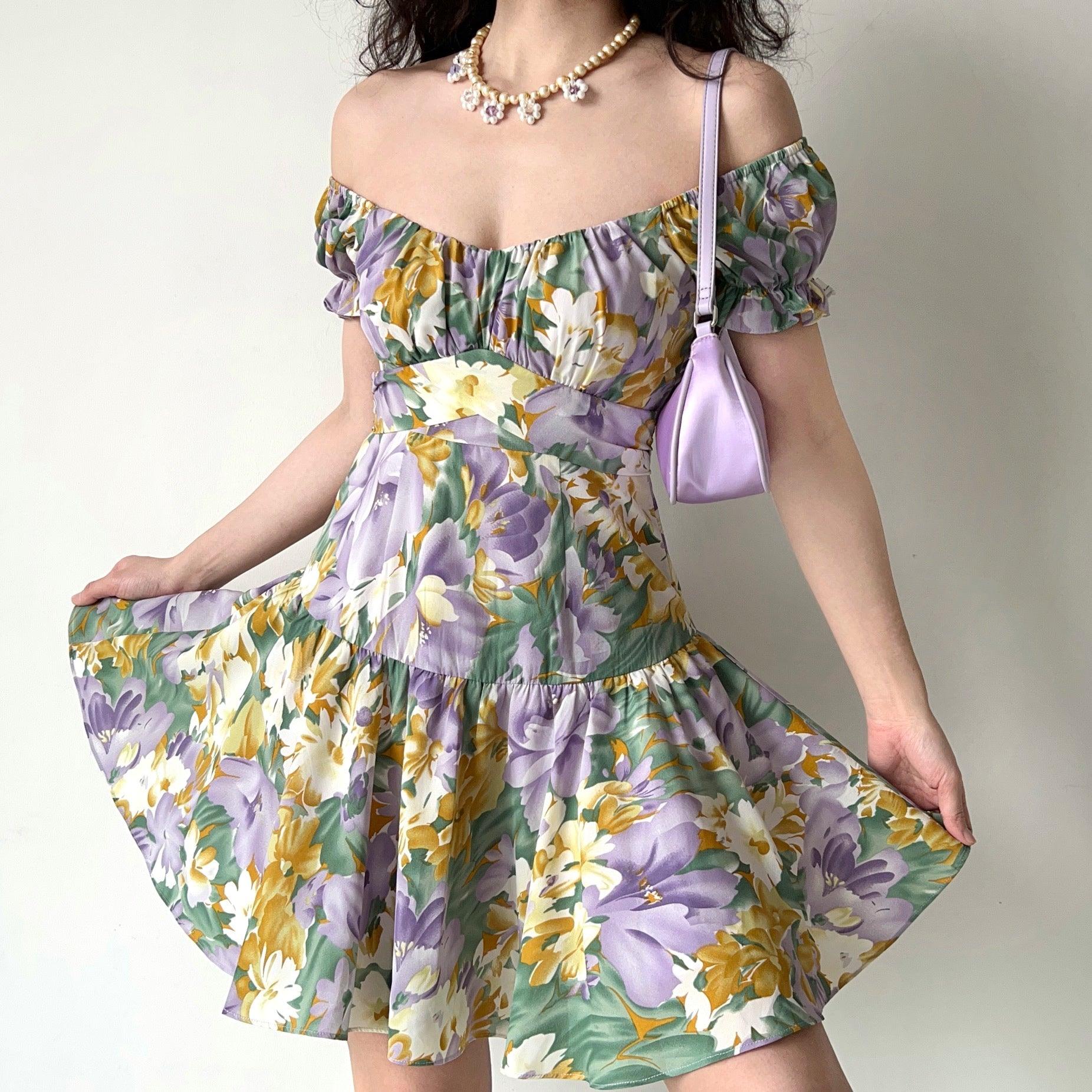 Y2K Floral Puff Sleeve Dress - Vintage Aesthetic Short Sleeve Style