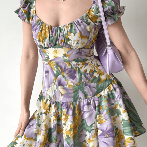 Y2K Floral Puff Sleeve Dress - Vintage Aesthetic Short Sleeve Style