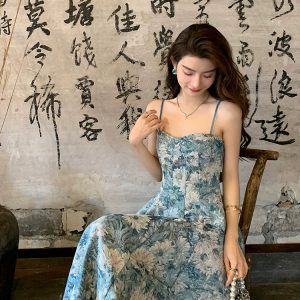 Y2K Floral Slip Dress - Retro Blue Dress for Spring Seaside Vacations