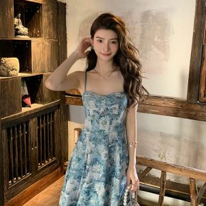 Y2K Floral Slip Dress - Retro Blue Dress for Spring Seaside Vacations