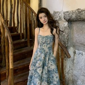 Y2K Floral Slip Dress - Retro Blue Dress for Spring Seaside Vacations